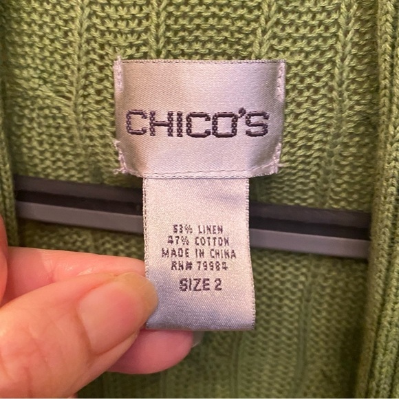 CHICO’S Women Green Linen Blend Longline Open Knit Cardigan Sweater Size 2(L/12) - Picture 5 of 6
